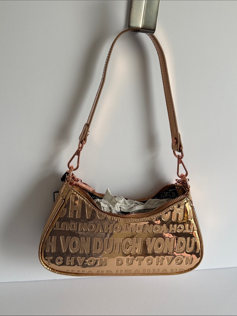 Von Dutch Y2K Metallic Rose Gold Shoulder Bag McBling 2000s It Girl Purse - Picture 2 of 6